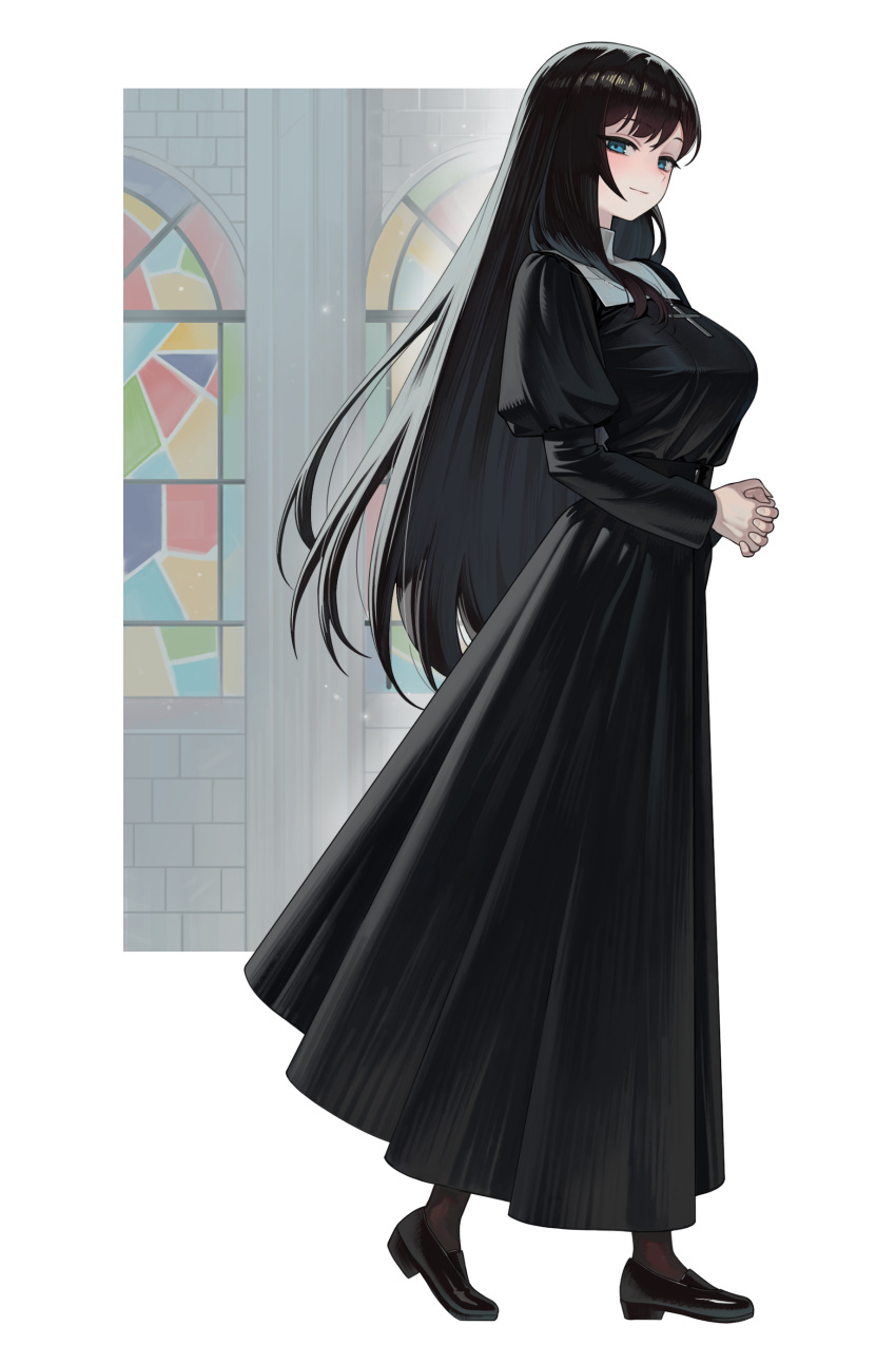 1girl, absurdres, belt, black_dress, black_hair, black_shoes, blue_eyes, breasts, cross, cross_necklace, dress, full_body, gemi_ningen, guimpe, highres, jewelry, juliet_sleeves, large_breasts, light_smile, loafers, long_hair, long_sleeves, looking_at_viewer, necklace, nun, original, own_hands_clasped, own_hands_together, puffy_sleeves, rosary, shoes, solo, very_long_hair, walking, white_background