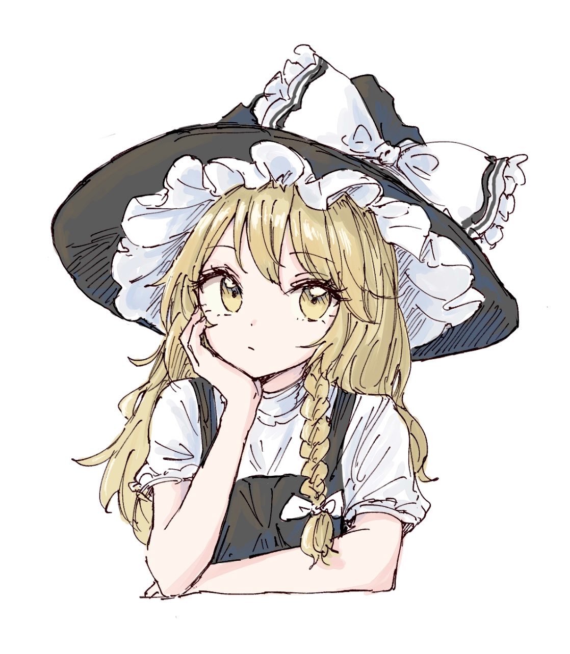 1girl, apron, blonde_hair, bow, braid, commentary, dress, hand_on_own_chin