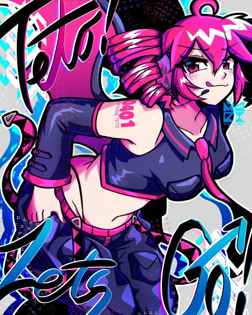 1girl, absurdres, ahoge, arm_tattoo, black_pants, black_shirt, blush, breasts