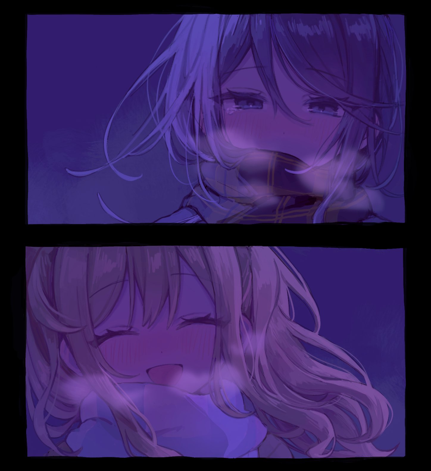 2girls, :d, black_hair, blonde_hair, blue_eyes, blush, breath, dot_nose, gradient_hair, highres, hoshino_ichika_(project_sekai), long_hair, looking_at_viewer, mu_ri003, multicolored_hair, multiple_girls, pink_hair, project_sekai, scarf, smile, split_screen, tearing_up, tenma_saki, twintails