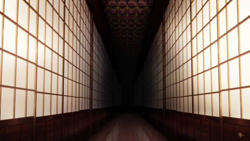 architecture, azuma_hatori, dark, east_asian_architecture, hallway, highres, indoors, no_humans