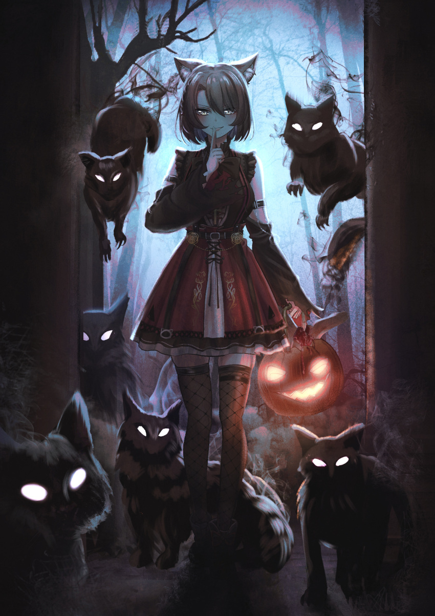 1girl, alternate_eye_color, animal_ear_fluff, animal_ears, arm_belt, ataririri, backlighting, bare_tree