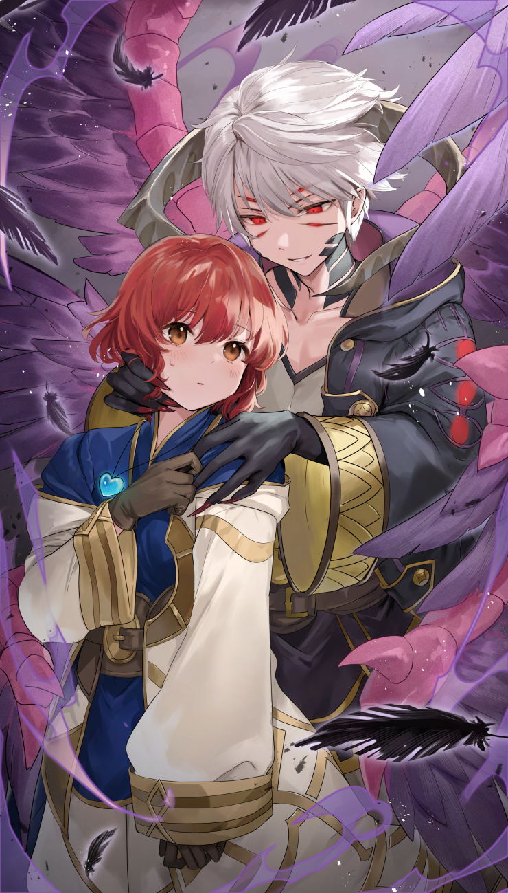 1boy, 1girl, aura, black_coat, black_gloves, black_wings, body_markings, brown_eyes