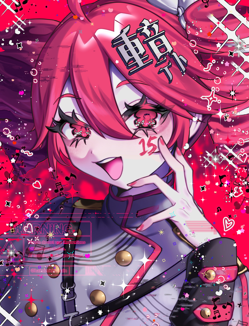 1girl, absurdres, ahoge, buttons, collared_shirt, double-breasted, drill_hair, grey_shirt, hair_between_eyes, hair_ribbon, hakurokku, hand_up, heart, highres, kasane_teto, kasane_teto_(sv), long_sleeves, looking_at_viewer, musical_note, nail_polish, open_mouth, red_background, red_eyes, red_hair, red_nails, ribbon, shirt, short_hair, simple_background, smile, solo, synthesizer_v, teeth, twin_drills, twintails, upper_teeth_only, watermark, white_ribbon