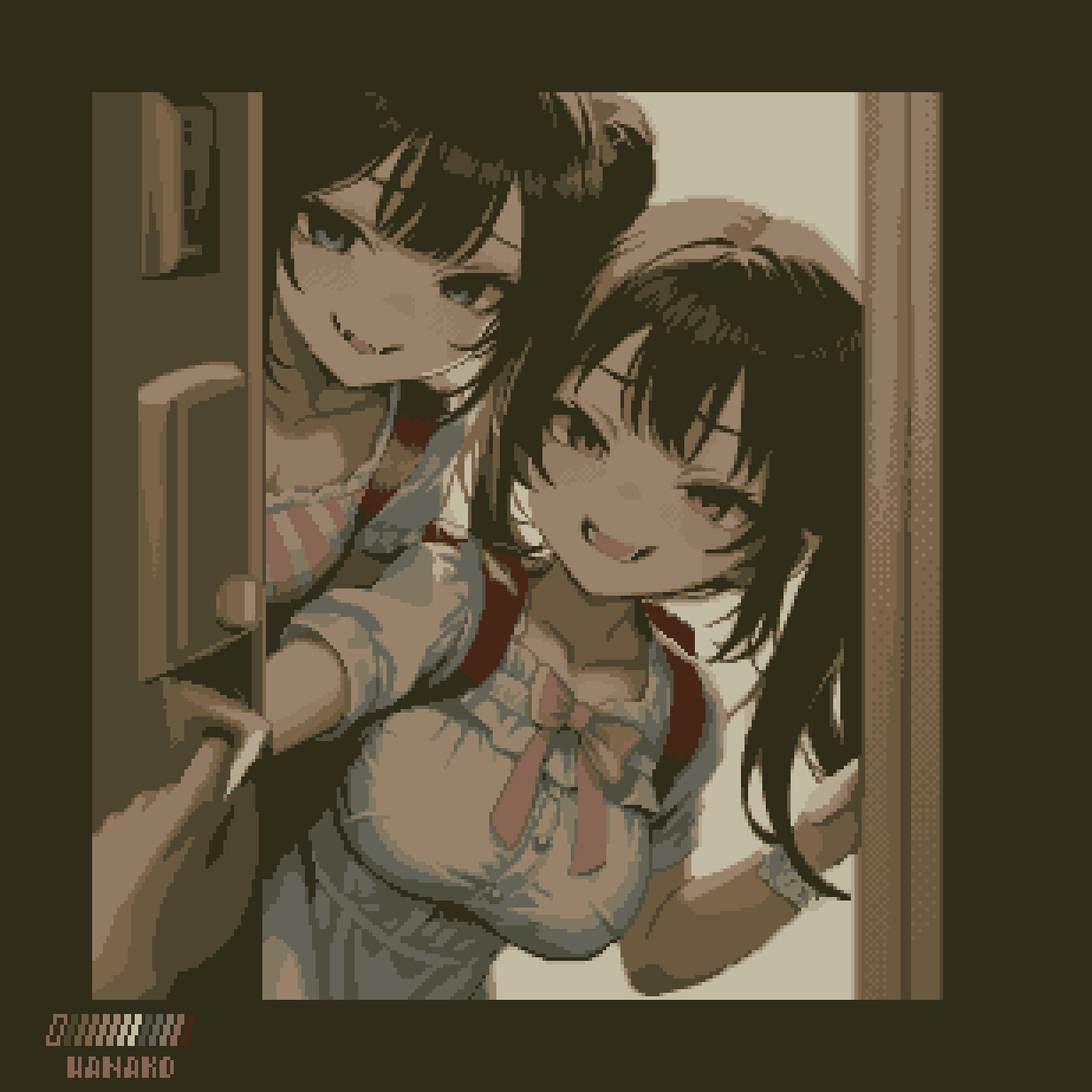 2girls, arm_scrunchie, artist_name, bag, black_hair, blue_eyes, blunt_bangs, bow