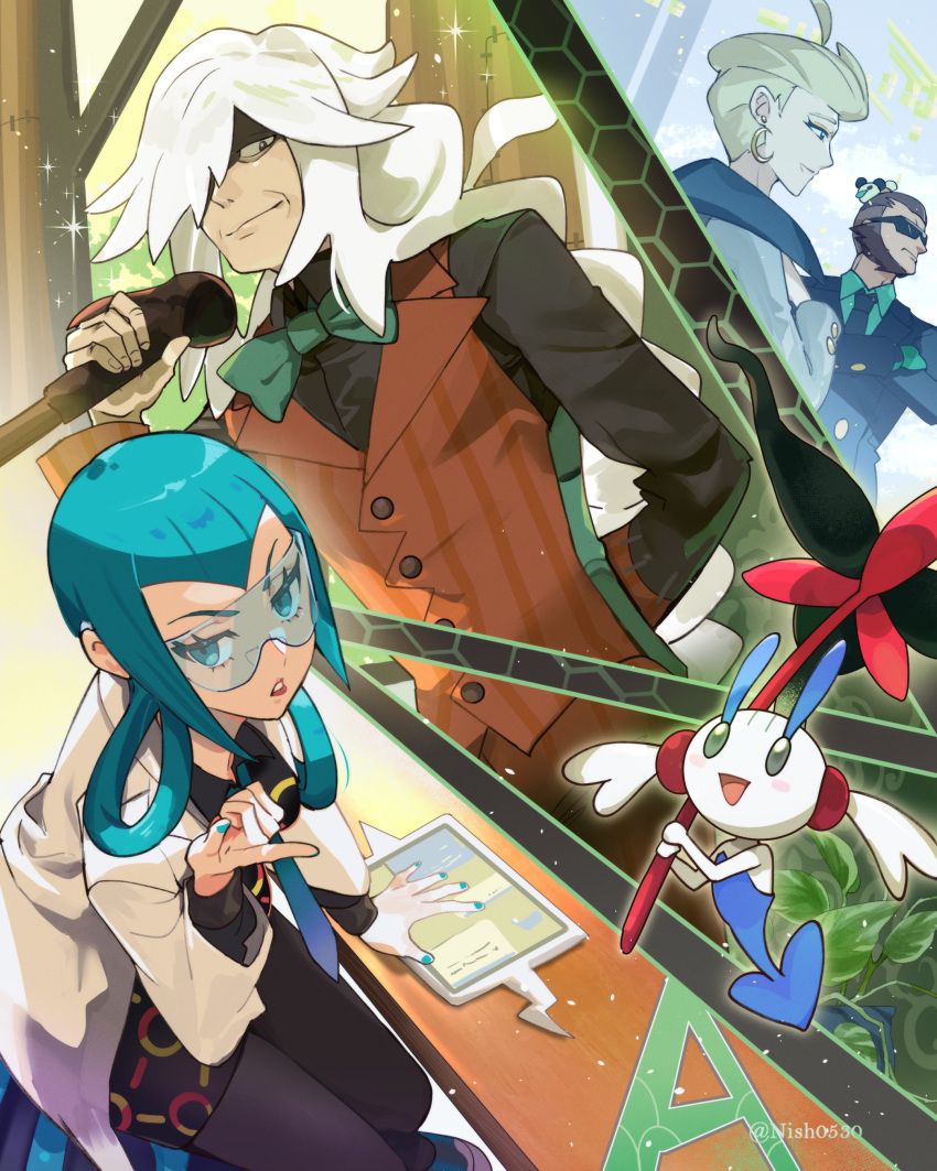 2boys, 2girls, absurdres, az_(pokemon), black_jacket, black_shirt, black_suit, blonde_hair