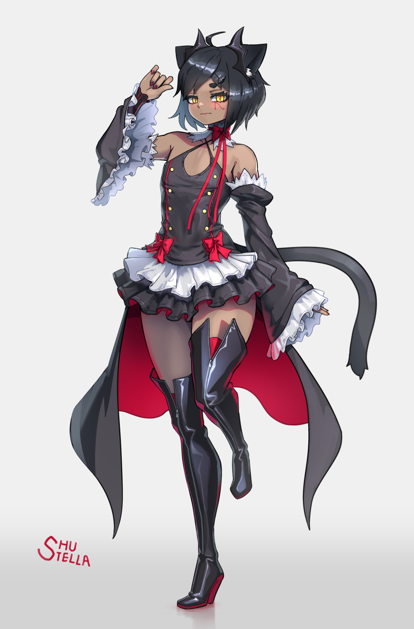 1boy, absurdres, ahoge, animal_ear_fluff, animal_ears, artist_name, bat_wings, black_boots