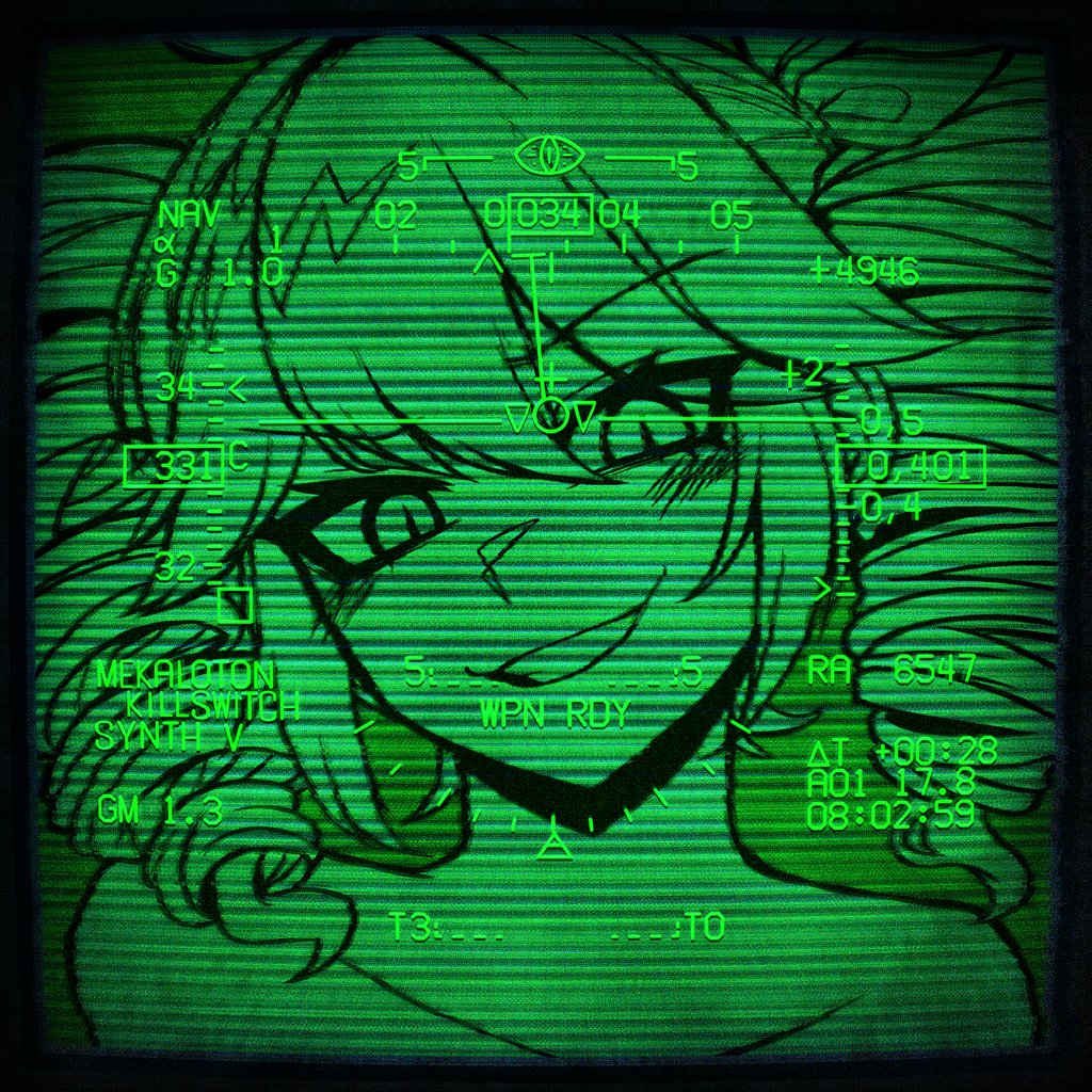 1girl, bare_shoulders, blush, collarbone, copyright_name, drill_hair, green_theme, heads-up_display
