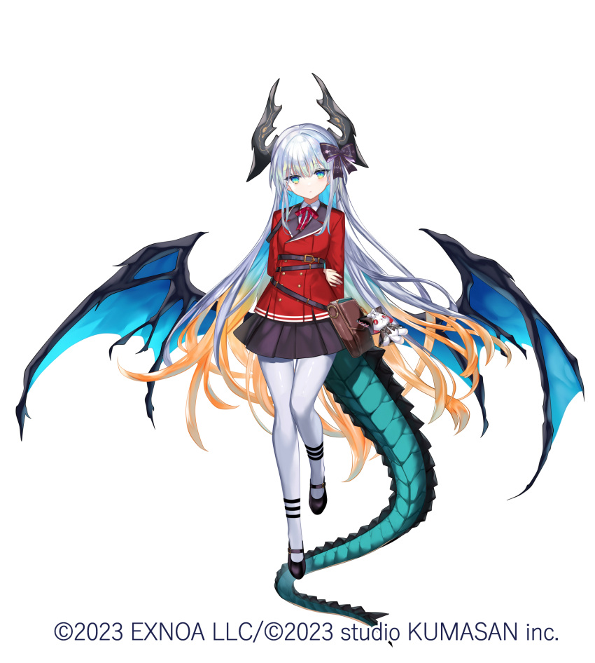 1girl, bag, black_ribbon, breasts, dragon_girl, dragon_horns, dragon_tail, dragon_wings, fuepo, full_body, green_eyes, grey_hair, hair_ribbon, highres, horns, liber_(twinkle_star_knights), long_hair, long_sleeves, looking_at_viewer, multicolored_hair, official_art, pantyhose, pleated_skirt, ribbon, skirt, solo, tail, twinkle_star_knights, very_long_hair, wings