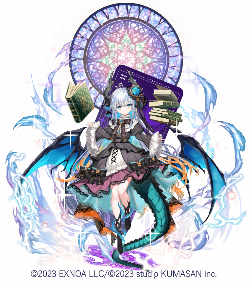 1girl, book, boots, dress, flower, frills, fuepo, full_body, grey_hair, hair_ornament, highres, holding, horns, liber_(twinkle_star_knights), lolita_fashion, long_hair, long_sleeves, looking_at_viewer, official_art, open_book, solo, twinkle_star_knights, wide_sleeves