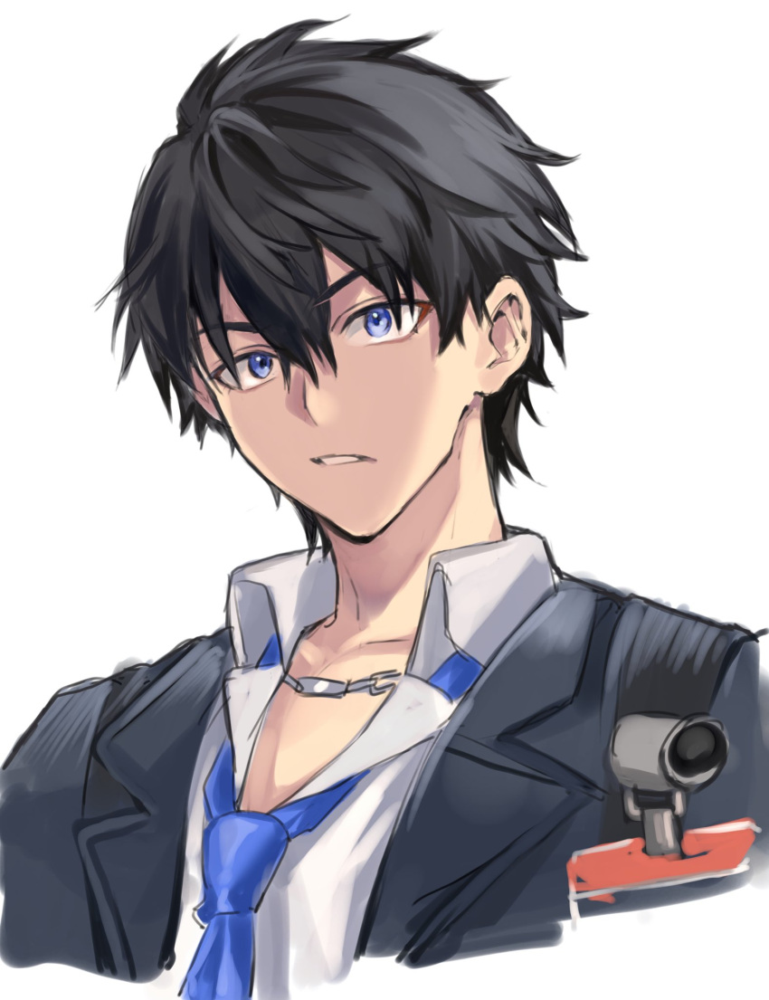 1758rainn, 1boy, ananta, black_hair, black_jacket, blue_eyes, blue_necktie, collared_shirt, commentary_request, cropped_torso, double-parted_bangs, hair_between_eyes, highres, jacket, lapels, looking_at_viewer, male_focus, male_protagonist_(ananta), necktie, notched_lapels, open_collar, parted_lips, shirt, short_hair, simple_background, solo, teeth, white_background, white_shirt, wing_collar