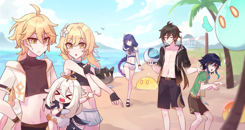 3boys, 3girls, abs, absurdres, aether_(genshin_impact), ahoge, alternate_costume, anemo_slime_(genshin_impact)