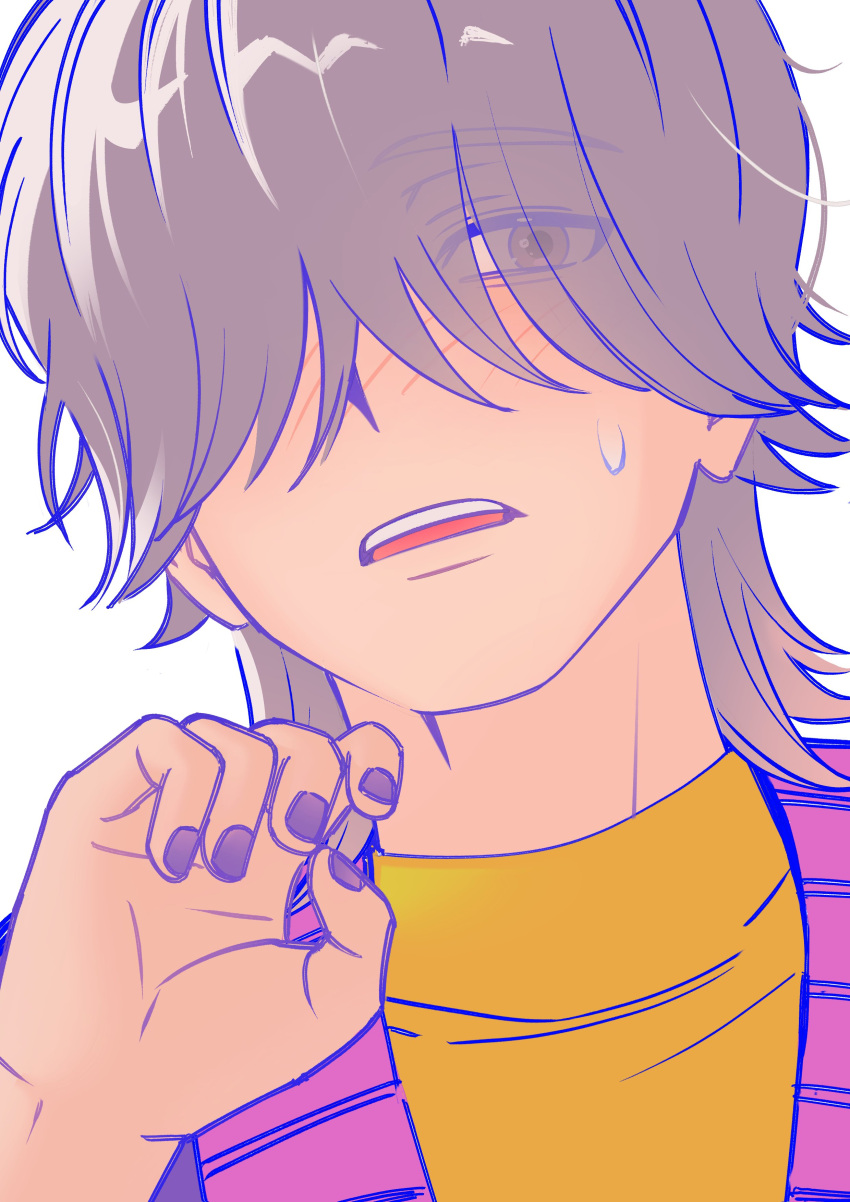 1boy, absurdres, blush, brown_eyes, close-up, embarrassed, grey_hair, hair_over_eyes