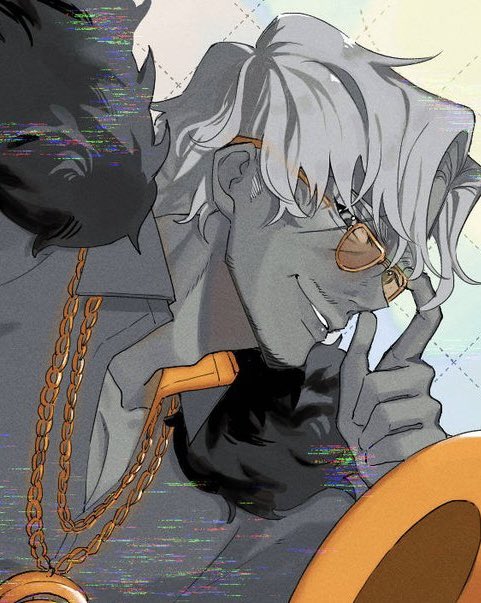 1boy, adam's_apple, adjusting_eyewear, amayado_rei, beard_stubble, chain, chain_necklace, collarbone, collared_shirt, curtained_hair, dark_persona, dktatta, facial_hair, film_grain, fur_trim, glitch, gold_chain, grey_shirt, grid_background, grin, hand_up, hypnosis_mic, hypnosis_mic:_dream_rap_battle, jewelry, looking_at_viewer, male_focus, mature_eyes, mature_male, multiple_necklaces, mustache_stubble, necklace, orange-framed_eyewear, parted_bangs, partially_unbuttoned, pectoral_cleavage, pectorals, portrait, profile, scar, scar_across_eye, scar_on_face, shirt, short_hair, sideburns, smile, solo, stubble, sunglasses, two-sided_fabric, two-sided_shirt, wavy_hair, white_hair, wrinkled_skin