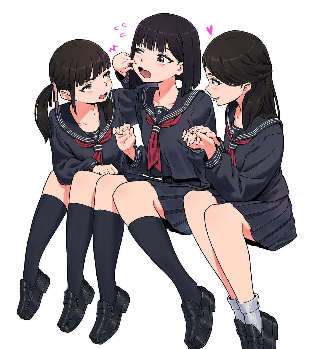 3girls, black_hair, black_sailor_collar, black_shirt, black_skirt, boo_da_booo, cheek_pull, grey_eyes