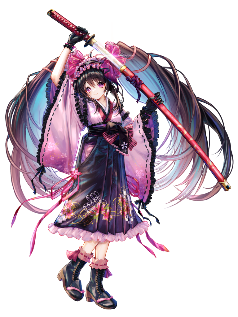 1girl, arm_up, black_boots, black_gloves, black_hair, black_skirt, boots, dairoku_ryouhei