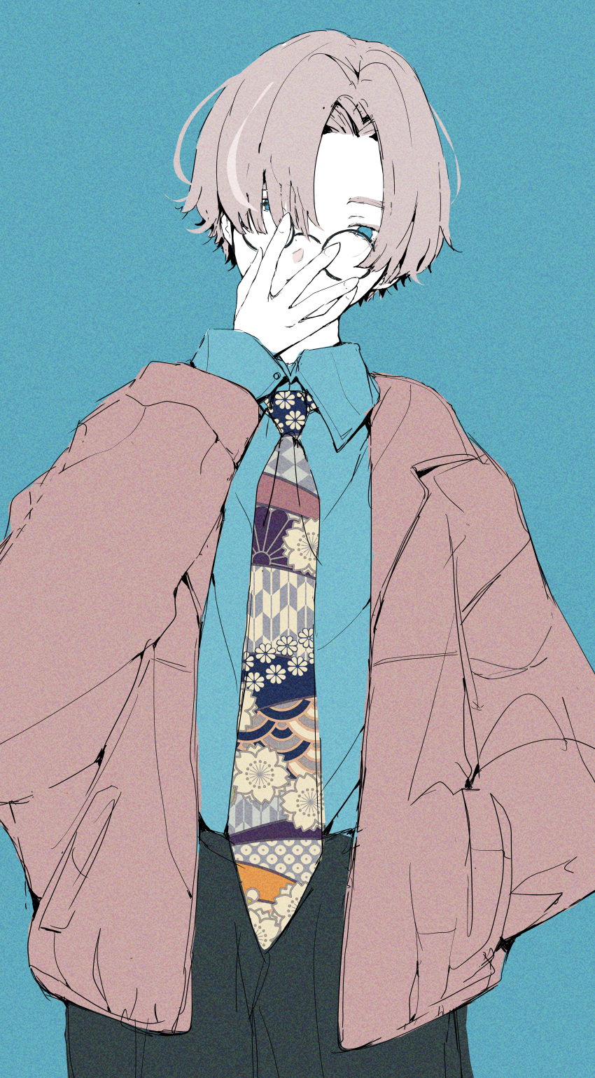 1boy, absurdres, cropped, fashion, hand_in_own_panties, hand_under_clothes, hand_under_shorts, highres, jacket, leather, leather_jacket, looking_up, male_focus, necktie, nocopyrightgirl, open_clothes, open_jacket, original, pants, print_necktie, red-framed_eyewear, round_eyewear, short_hair_fox_girl_(mdf_an), shorts, simple_background