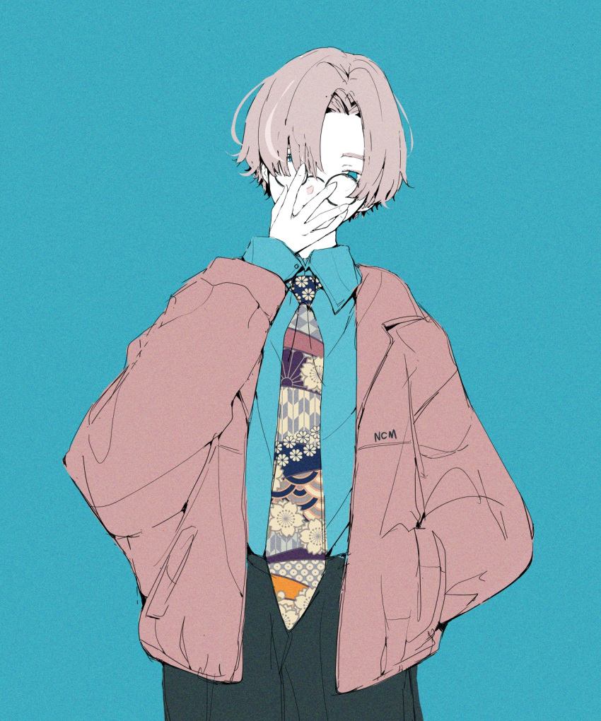 1boy, fashion, hand_in_own_panties, hand_under_clothes, hand_under_shorts, highres, jacket, leather, leather_jacket, looking_up, male_focus, necktie, nocopyrightgirl, open_clothes, open_jacket, original, pants, print_necktie, red-framed_eyewear, round_eyewear, short_hair_fox_girl_(mdf_an), shorts, simple_background