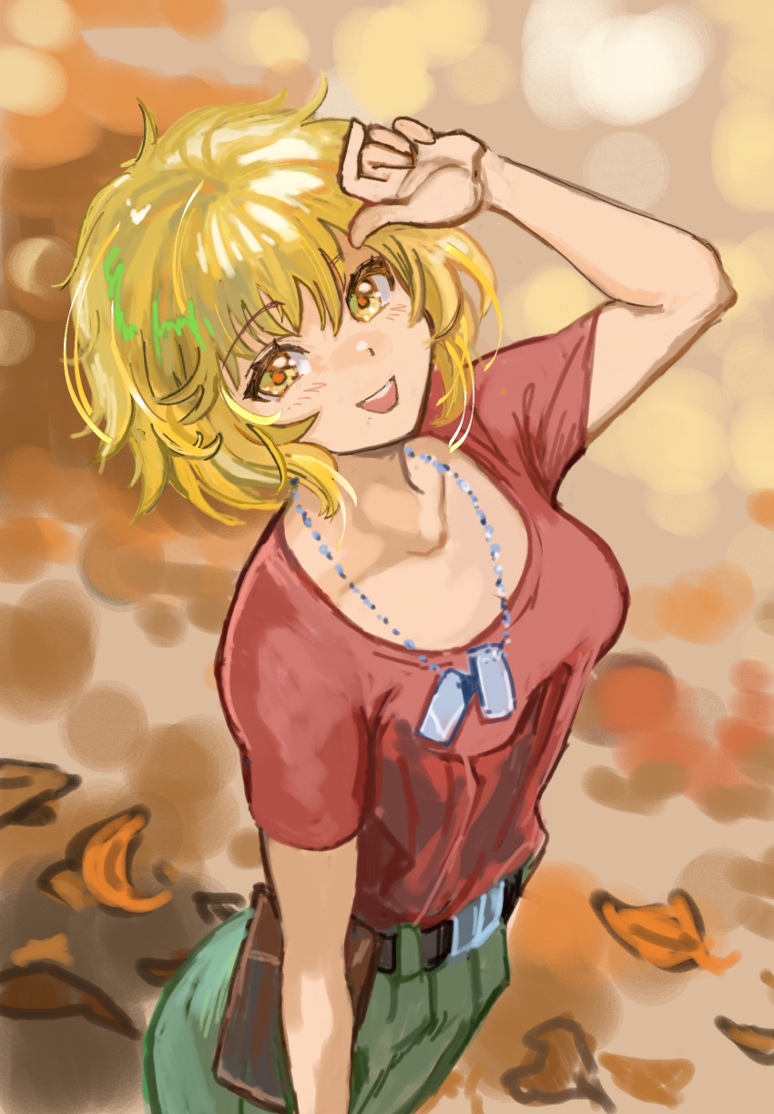 1girl, belt, blonde_hair, breasts, cagalli_yula_athha, collarbone, dog_tags, green_pants