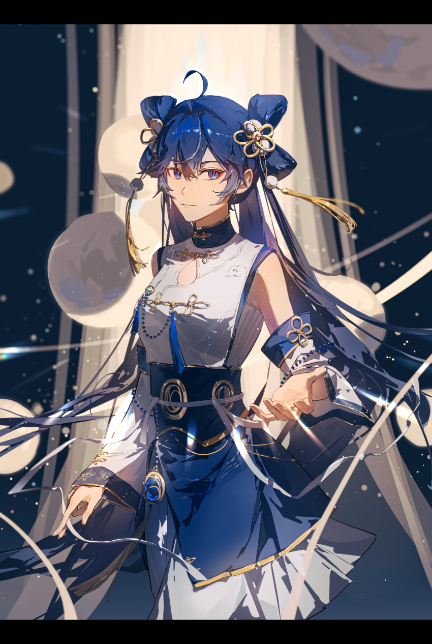 1girl, absurdres, ahoge, black_border, blue_eyes, blue_hair, blue_sash, blurry, blurry_background, border, chinese_clothes, chinese_commentary, chinese_knot, commentary, cowboy_shot, detached_sleeves, eyeliner, folded_hair, hair_between_eyes, hair_ornament, highres, iuno_(wuthering_waves), knot_hair_ornament, lens_flare, letterboxed, light_particles, makeup, mandarin_collar, moon, moon_phases, multiple_moons, official_alternate_costume, outstretched_arm, pom_pom_(clothes), pom_pom_hair_ornament, reaching, reaching_towards_viewer, red_eyeliner, sash, shirt, sleeveless, sleeveless_shirt, solo, tassel, tassel_hair_ornament, twintails, white_sleeves, wuthering_waves, xiao'er_yushiwuzheng