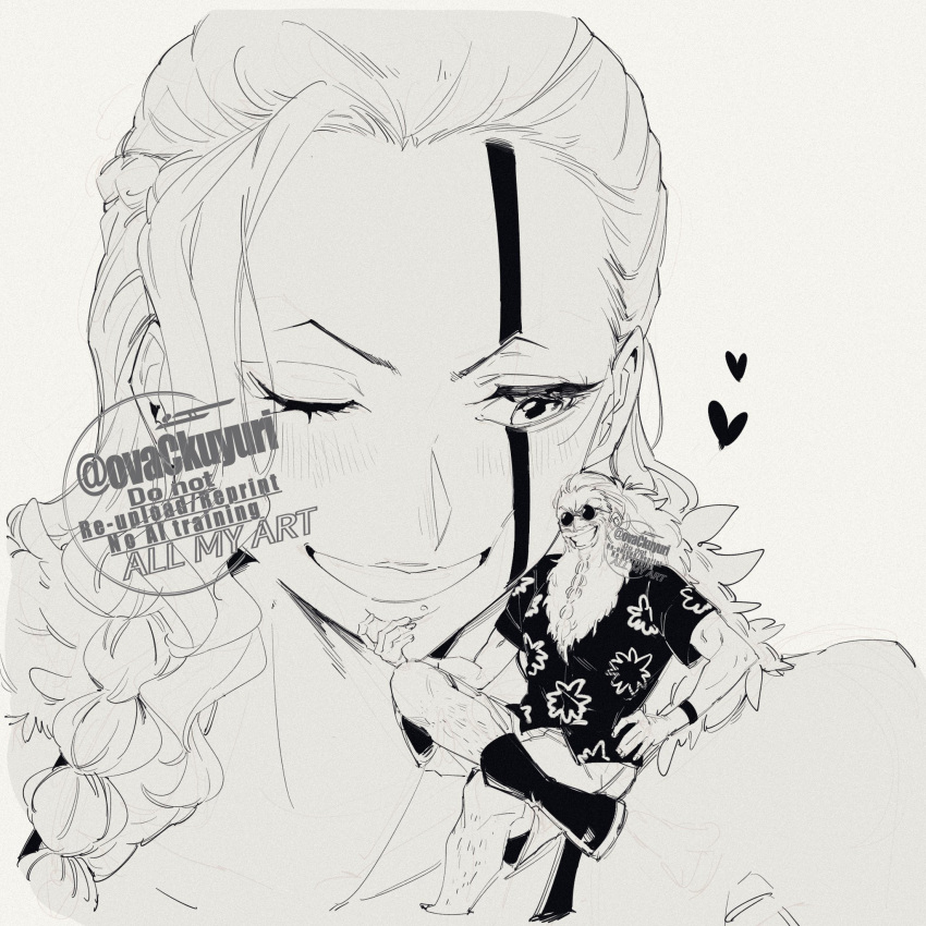 1boy, 1girl, beard, blush, boots, bracelet, braid, commentary_request