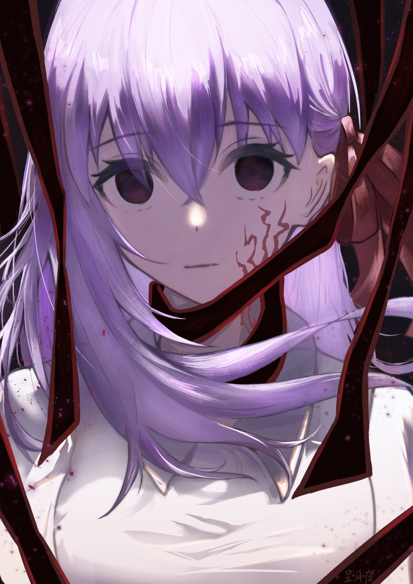 1girl, absurdres, blank_stare, body_markings, closed_mouth, collared_shirt, corruption, dark_persona, dark_sakura, empty_eyes, expressionless, facial_mark, fate/stay_night, fate_(series), hair_ribbon, heaven's_feel, highres, long_hair, looking_at_viewer, matou_sakura, possessed, red_eyes, red_ribbon, res_ssss, ribbon, shirt, solo, staring, sweater_vest, type-moon, upper_body, white_hair, white_shirt, white_sweater_vest