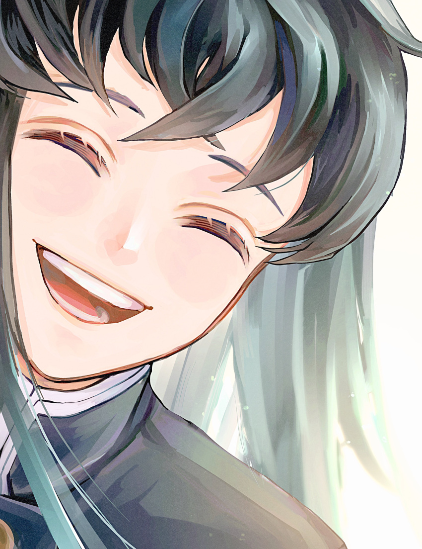 1boy, ^_^, absurdres, asaki_illust, black_hair, blue_hair, close-up, closed_eyes