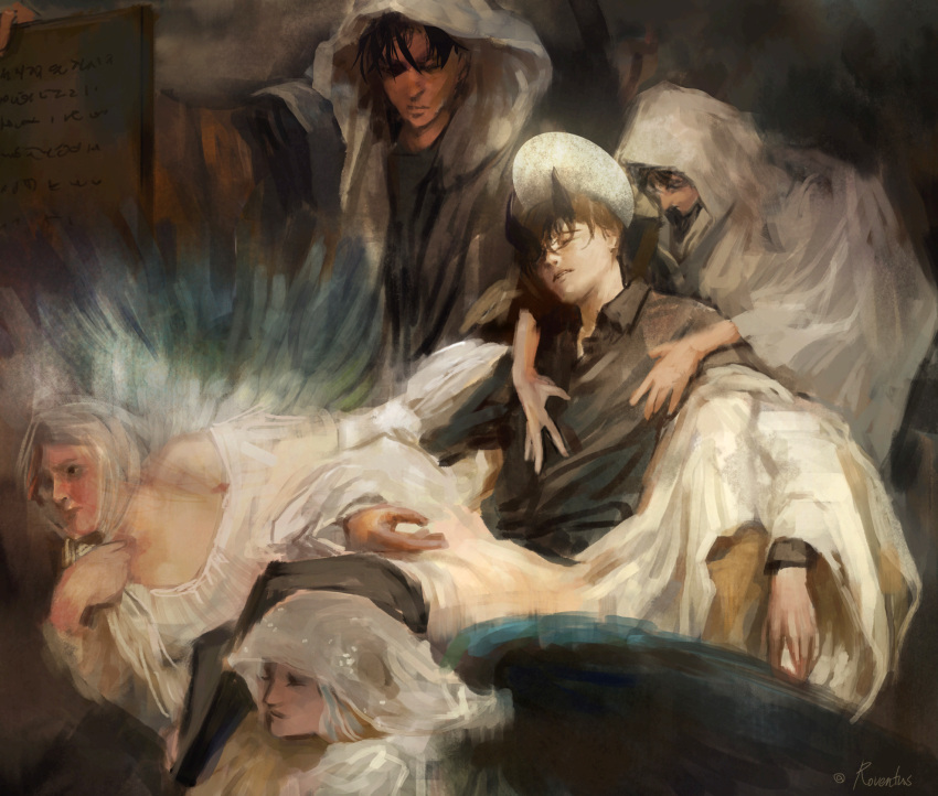 2boys, 3girls, arm_up, black_hair, black_shirt, character_request, closed_eyes, collared_shirt, demon_horns, everyone, han_sooyoung, hand_on_another's_chest, head_tilt, highres, hood, horns, kim_dokja, leaning_back, moon_behind_head, multiple_boys, multiple_girls, off-shoulder_shirt, off_shoulder, official_alternate_costume, omniscient_reader's_viewpoint, painterly, parody_request, parted_lips, robe, roventus, scroll, shirt, short_hair, white_robe, yoo_joonghyuk