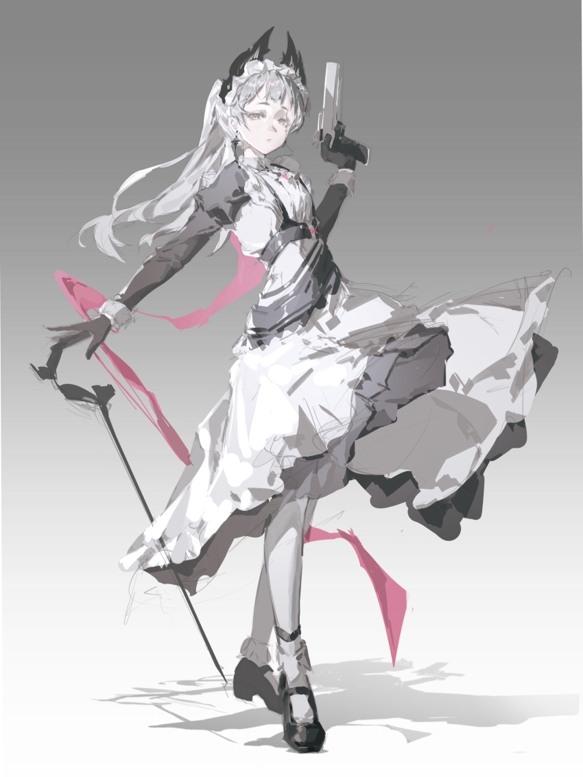 1girl, absurdres, arknights, black_gloves, black_shoes, black_sleeves, chest_harness, collared_dress, cross, cross_earrings, crossed_legs, dress, earrings, full_body, gloves, gradient_background, grey_background, grey_eyes, grey_hair, gun, handgun, harness, head_wings, highres, holding, holding_gun, holding_weapon, irene_(arknights), jewelry, juliet_sleeves, kong_ming_kmmo, long_hair, long_sleeves, looking_at_viewer, maid_headdress, mary_janes, pantyhose, petticoat, ponytail, pout, puffy_sleeves, raised_eyebrows, rapier, scar, scar_across_eye, scar_on_face, shadow, shoes, solo, standing, sword, watson_cross, weapon, white_dress, white_pantyhose, wings