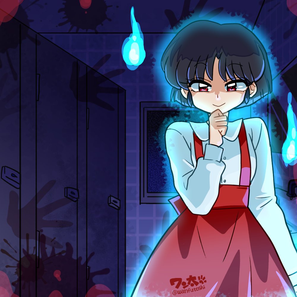 1girl, artist_name, aura, bathroom, black_hair, blood, blood_splatter, blouse