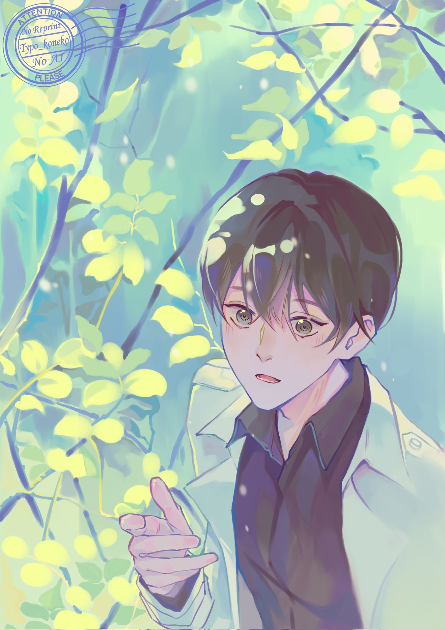 1boy, :o, black_eyes, black_hair, black_shirt, branch, coat, collared_shirt