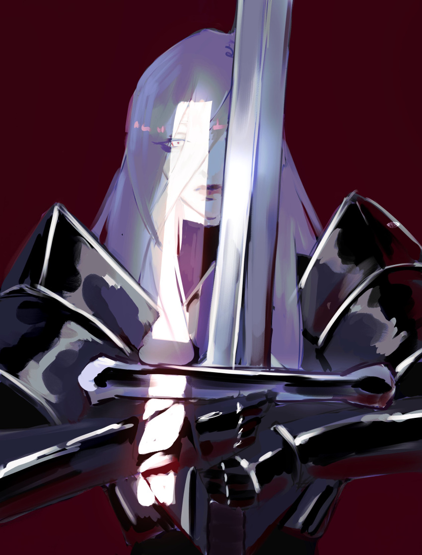 1girl, absurdres, armor, crack_of_light, greatsword, hair_over_shoulder, highres, holding