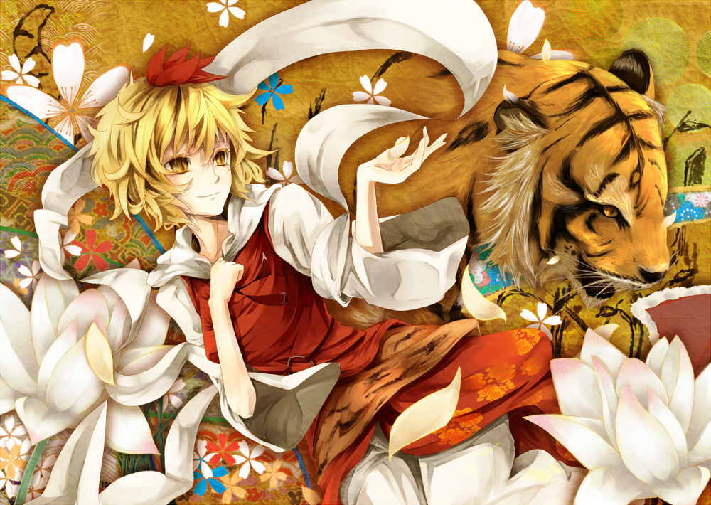 bad_id, blonde_hair, cherry_blossoms, flower, kanata, kanata_(kiduka), lotus, shawl