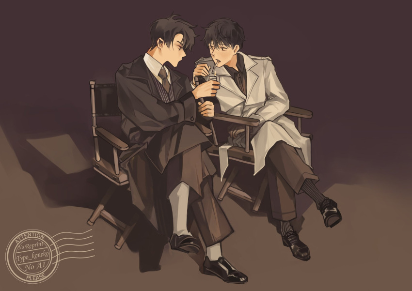2boys, black_coat, black_eyes, black_hair, black_necktie, black_shirt, black_vest, chair