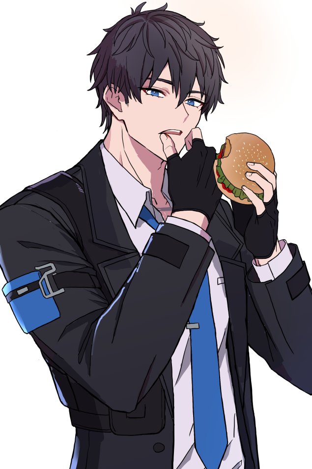 1boy, ananta, black_gloves, black_jacket, blue_eyes, blue_necktie, burger, collared_shirt, commentary_request, fingerless_gloves, food, gloves, hair_between_eyes, holding, holding_burger, holding_food, jacket, layered_sleeves, long_sleeves, looking_at_viewer, male_focus, male_protagonist_(ananta), million_cure788, necktie, open_clothes, open_collar, open_jacket, open_mouth, shirt, short_hair, solo, suit_jacket, teeth, upper_body, upper_teeth_only, white_shirt, wing_collar, wiping_mouth