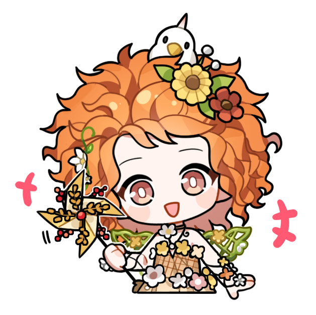 +++, 1girl, animal_on_head, arm_ribbon, artist_request, bare_shoulders, bird, bird_on_head, black_ribbon, blush_stickers, bright_pupils, brown_choker, brown_dress, brown_eyes, chibi, choker, cropped_legs, dress, dress_flower, eyelashes, fairy_wings, fake_wings, flower, forehead, grains_of_yesterday_(infinity_nikki), green_wings, hair_flower, hair_ornament, happy, holding, holding_pinwheel, infinity_nikki, medium_hair, messy_hair, motion_lines, neck_flower, nikki_(series), official_art, on_head, open_mouth, orange_hair, pink_flower, pinwheel, plaid_clothes, plaid_dress, red_flower, ribbon, smile, solo, straight-on, strapless, strapless_dress, sunflower, tareme, transparent_background, white_bird, white_flower, white_pupils, wings, wrist_flower, yellow_flower