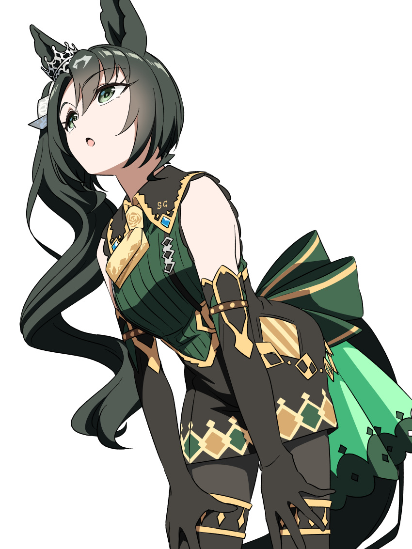 1girl, absurdres, animal_ears, ascot, baasaku_(balasaku24), black_gloves, black_hair, black_leggings, black_pantyhose, black_suspenders, breasts, crown, crown_ornament, ear_ornament, ear_through_crown, ears_through_headwear, elbow_gloves, gloves, green_eyes, green_sweater, hair_between_eyes, hands_on_own_knees, highres, horse_ears, horse_girl, horse_tail, leggings, long_hair, multicolored_hair, necktie, open_mouth, pantyhose, satono_crown_(emerald_journey)_(umamusume), satono_crown_(umamusume), side_ponytail, simple_background, sleeveless, sleeveless_sweater, solo, streaked_hair, sweater, tail, umamusume, white_background, white_hair, yellow_ascot, yellow_necktie