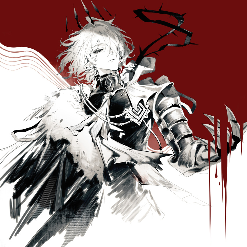 1boy, absurdres, arknights, armor, cape, cropped_torso, crown, duq'arael_(arknights)