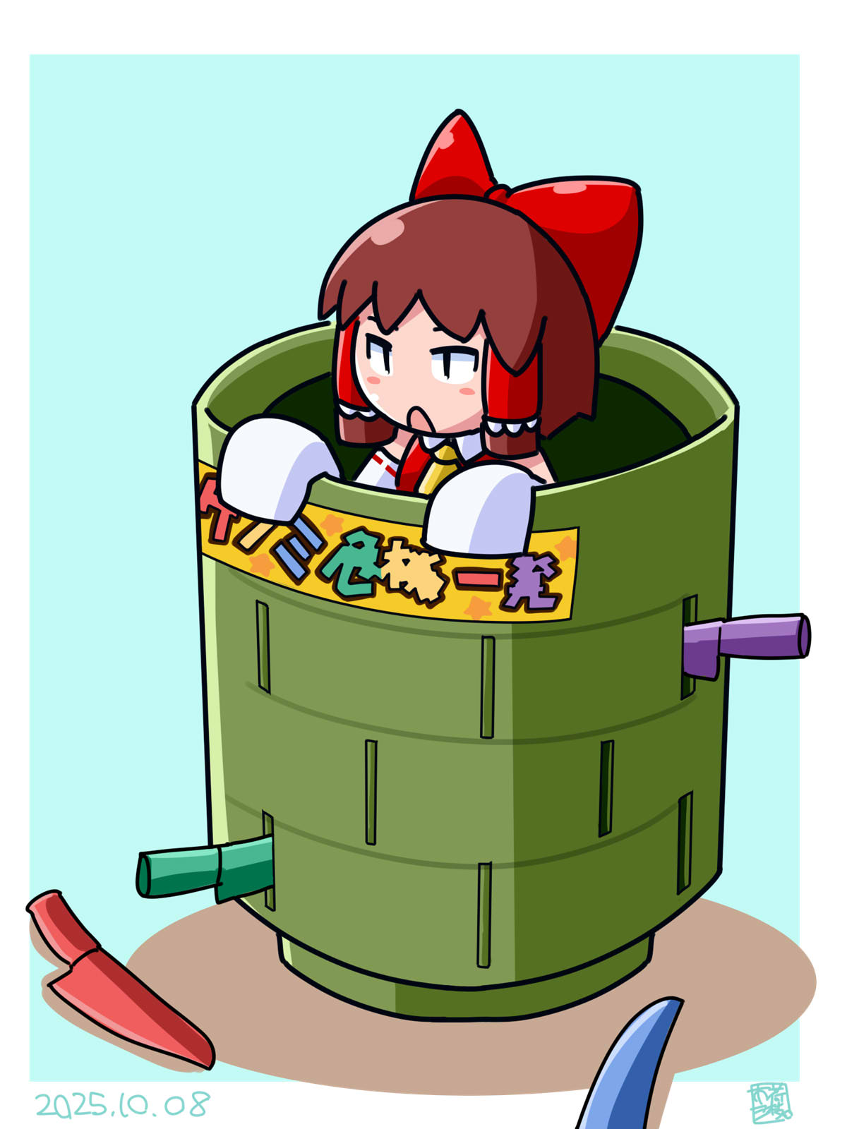 1girl, black_eyes, blue_background, bow, brown_hair, commentary_request, cookie_(touhou), cup