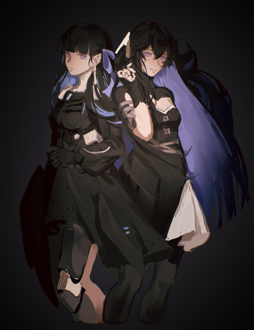 1girl, absurdres, black_background, black_dress, black_hair, black_pantyhose, black_shrug, blue_hair