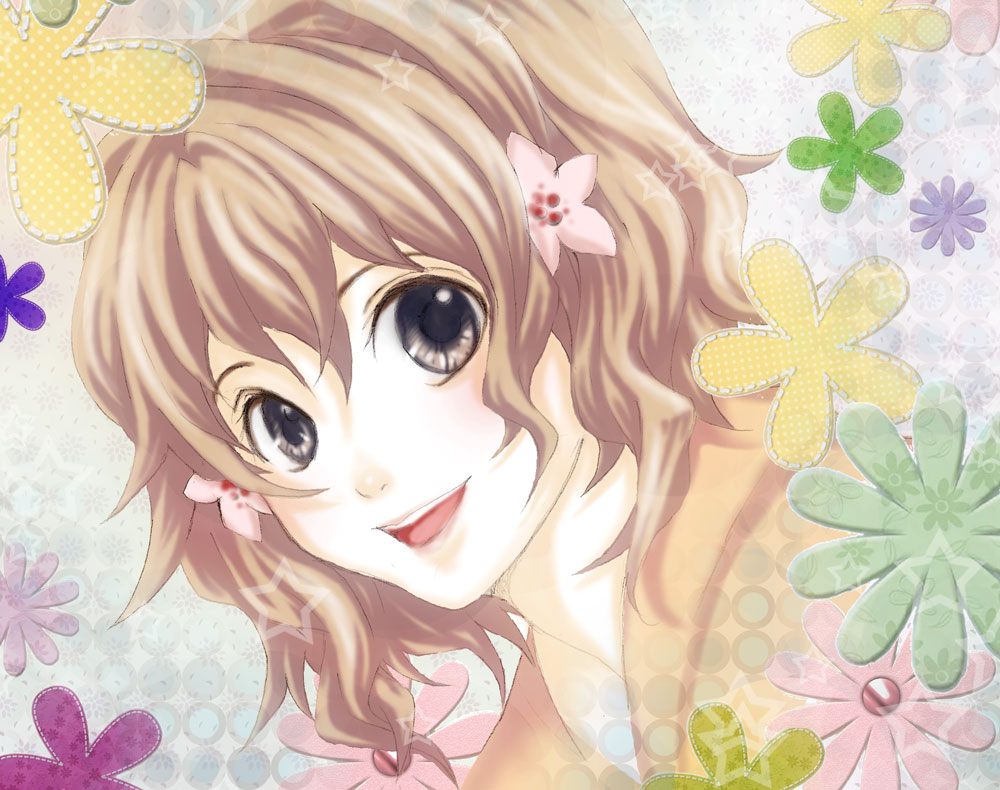 blush, brown_eyes, brown_hair, flower, hair_flower, hair_ornament, hanasaku_iroha, japanese_clothes, matsumae_ohana, nakaharaka, open_mouth, short_hair, smile, solo