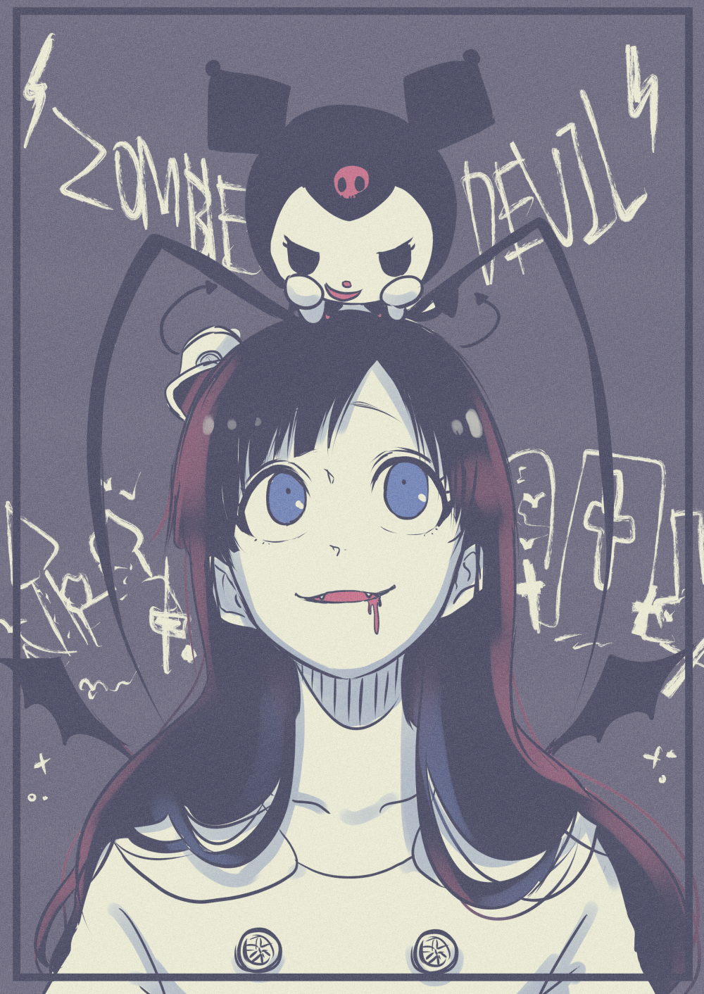 1boy, antenna_hair, black_hair, bleach, blood, blood_from_mouth, blue_eyes, coat, commentary_request, crossover, giselle_gewelle, highres, ikuno_taso, kuromi, onegai_my_melody, sanrio, trap, wandenreich_uniform, white_coat