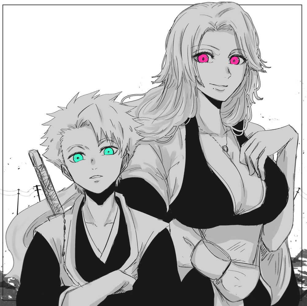 1boy, 1girl, aqua_eyes, bleach, breasts, commentary_request, crossed_arms, greyscale, haori, height_difference, hitsugaya_toushirou, ikuno_taso, japanese_clothes, large_breasts, matsumoto_rangiku, mole, mole_under_mouth, monochrome, parted_lips, pink_eyes, shihakusho, smile, spot_color, sword, sword_on_back, taichou_haori, weapon, weapon_on_back
