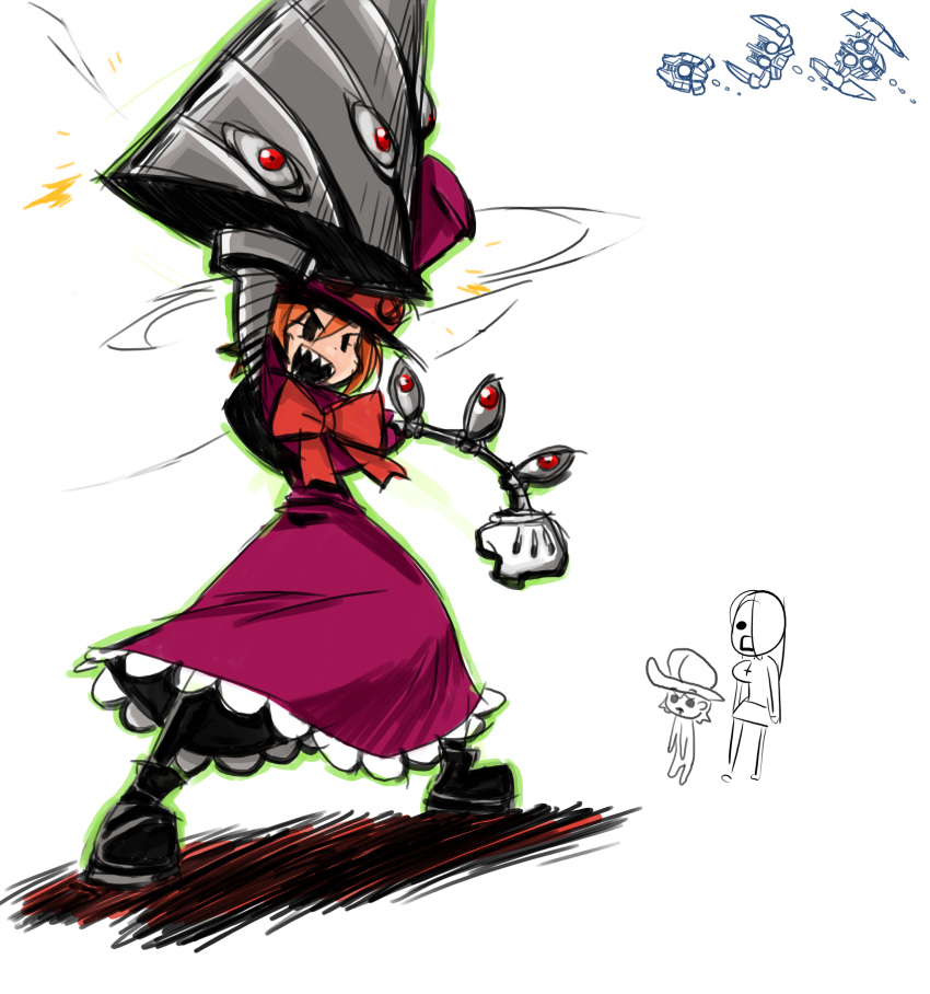 1girl, black_eyes, bloomers, chibi, crossover, crybringer, dress, giga_drill_break