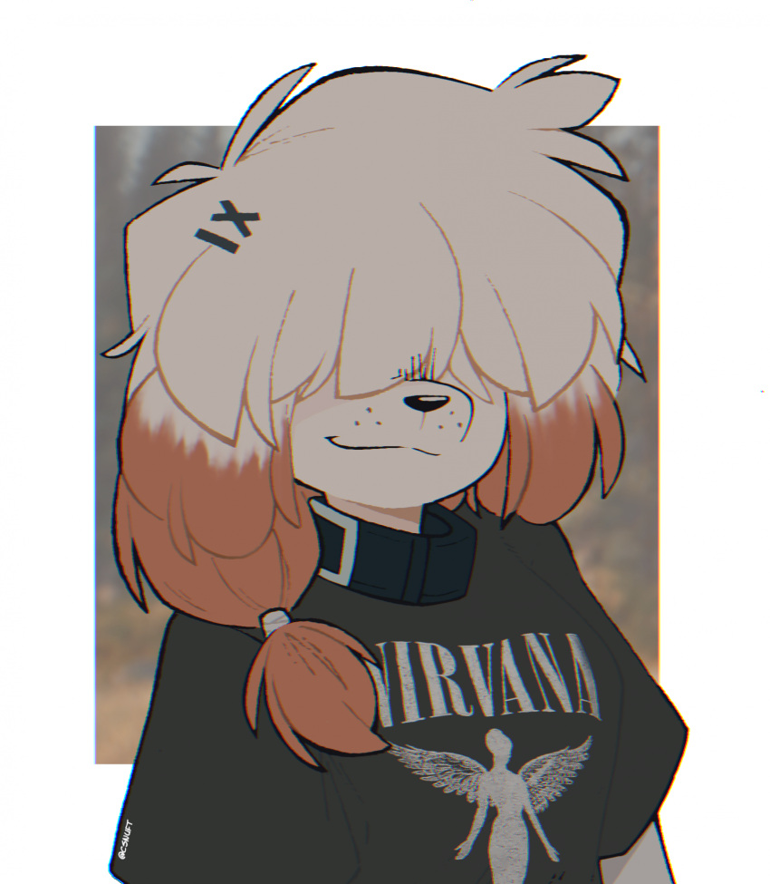 1girl, black_collar, black_shirt, breasts, brown_hair, closed_mouth, collar, crazysnuft, dog_girl, freckles, furry, furry_female, hair_ornament, hair_over_one_eye, hairclip, highres, in_utero_(album), looking_at_viewer, medium_hair, multicolored_hair, nirvana_(band), original, shirt, short_sleeves, small_breasts, smile, solo, t-shirt, two-tone_hair, upper_body, white_hair, x_hair_ornament