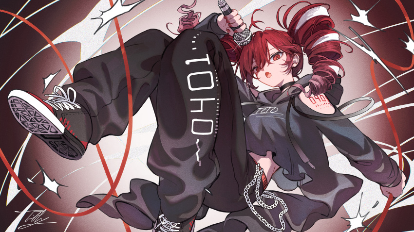 1girl, absurdres, arm_cutout, arm_tattoo, belt, black_choker, black_pants, black_shoes