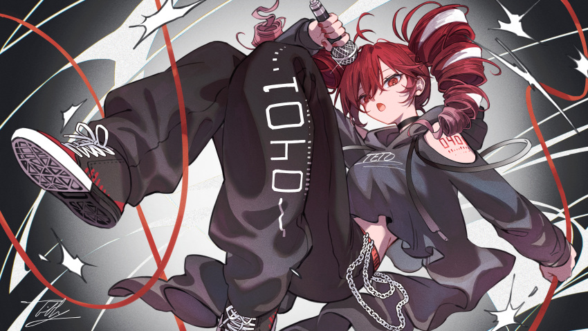 1girl, absurdres, arm_cutout, arm_tattoo, belt, black_choker, black_pants, black_shoes, chain, choker, clothing_cutout, cropped_hoodie, drawstring, drill_hair, floating_clothes, gradient_background, grey_background, grey_hoodie, hair_ribbon, highres, holding, holding_microphone, hood, hoodie, kasane_teto, kasane_teto_(sv), long_sleeves, looking_at_viewer, medium_hair, microphone, multicolored_hair, number_tattoo, open_mouth, pants, pink_hair, red_belt, red_hair, ribbon, shoes, solo, sweatpants, synthesizer_v, tattoo, tiffy_owoo, twin_drills, variant_set, video_thumbnail, white_background, white_ribbon