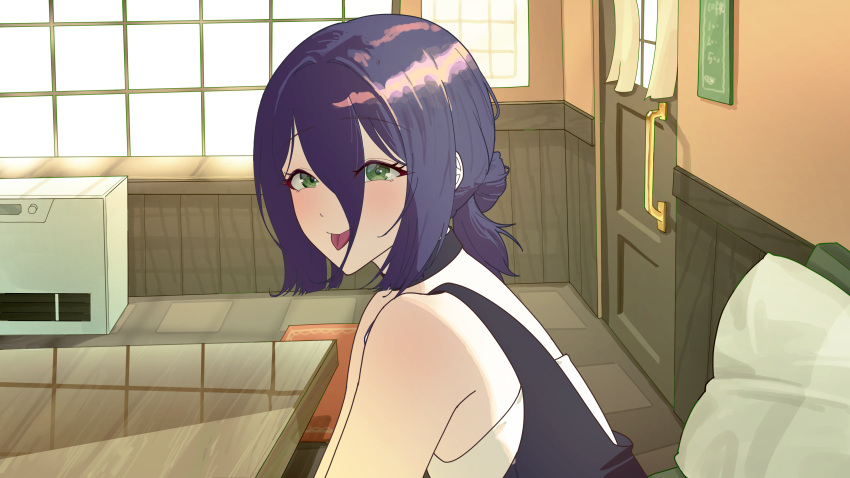 1girl, absurdres, black_choker, chainsaw_man, choker, cushion, door, green_eyes, hair_between_eyes, hair_bun, highres, indoors, kiki_(akasaka0818), purple_hair, reze_(chainsaw_man), sitting, solo, table, tongue, tongue_out, window