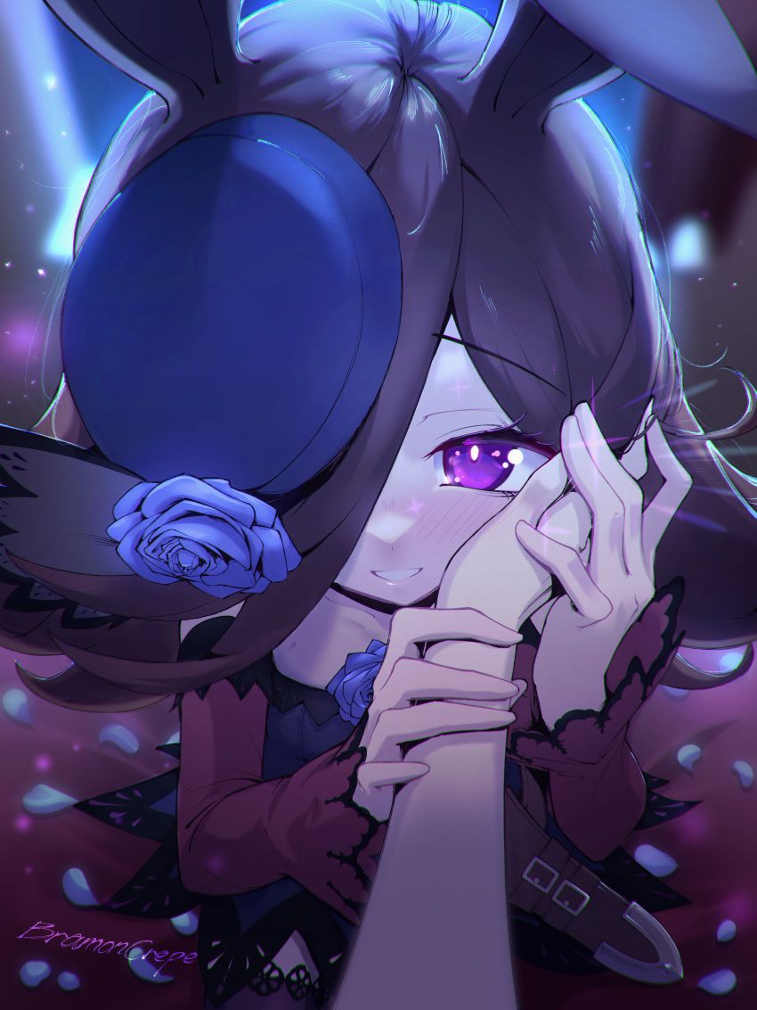 1girl, 1other, absurdres, animal_ears, black_hair, blue_flower, blue_hat, blush