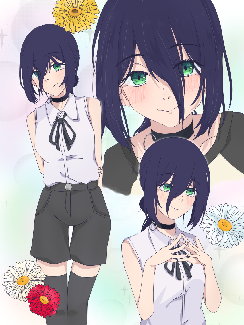 1girl, absurdres, amaririsu, arms_behind_back, black_choker, black_ribbon, black_shorts, black_thighhighs, blue_hair, chainsaw_man, choker, closed_mouth, collared_shirt, flower, green_eyes, grenade_pin, hair_between_eyes, highres, light_blush, looking_at_viewer, multiple_views, neck_ribbon, red_flower, reze_(chainsaw_man), ribbon, shirt, shorts, sleeveless, sleeveless_shirt, thigh-highs, white_flower, white_shirt, yellow_flower